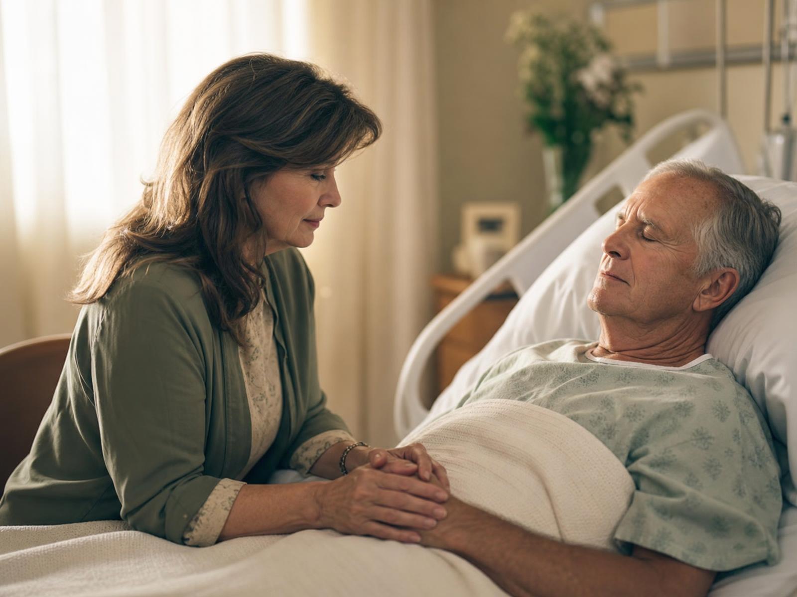 A caregiver sitting beside a resting patient, holding their hand in soft morning light